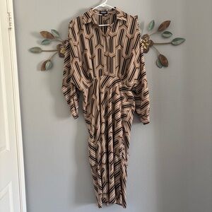 Nine West Womens Tan Black Geometric Print Portofino Shirt Dress Size Medium